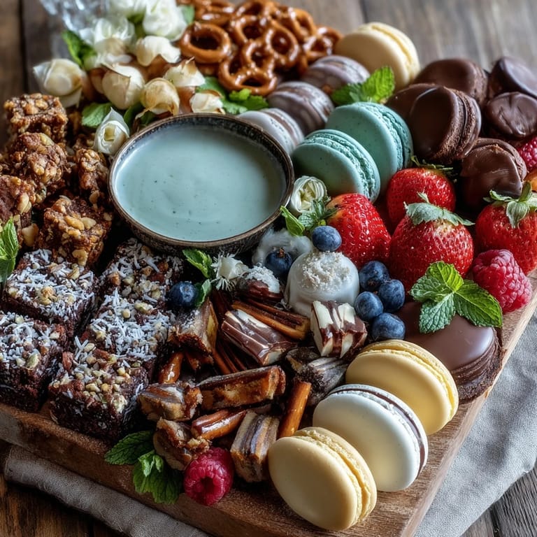 Colorful assortment of mini brownies, fruit tarts, and macarons surrounding cake slices on a graduation dessert platter.