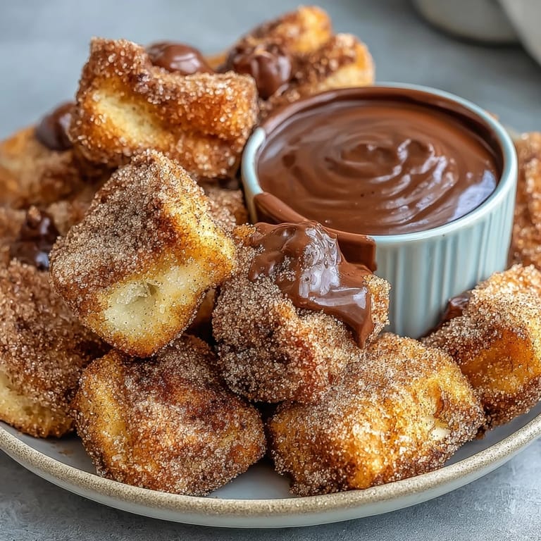 Golden churro bites, tossed in sweet cinnamon sugar, arranged with a decadent chocolate dipping sauce for a shareable Mexican treat.