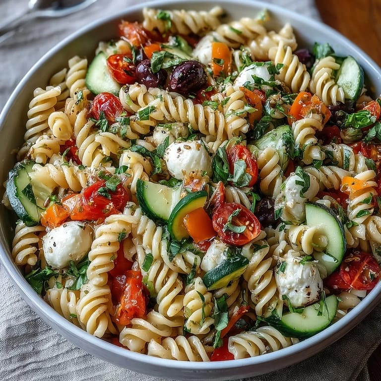 Colorful Easy Picnic Pasta Salad with Italian Dressing: crisp cucumbers, cherry tomatoes, and bell peppers tossed with pasta and creamy mozzarella in tangy Italian vinaigrette.