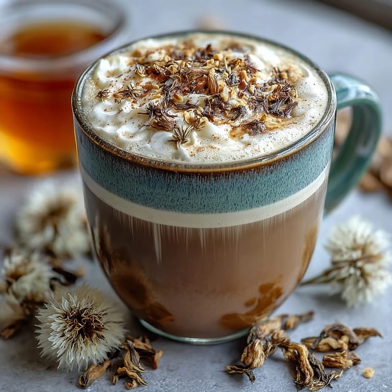 A rich dandelion tea latte with oat milk and honey, gently frothed for a comforting drink.
