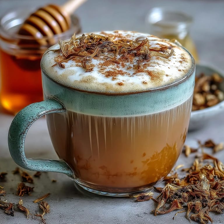 A warm, soothing dandelion tea latte with oat milk and honey, perfect for a cozy moment.