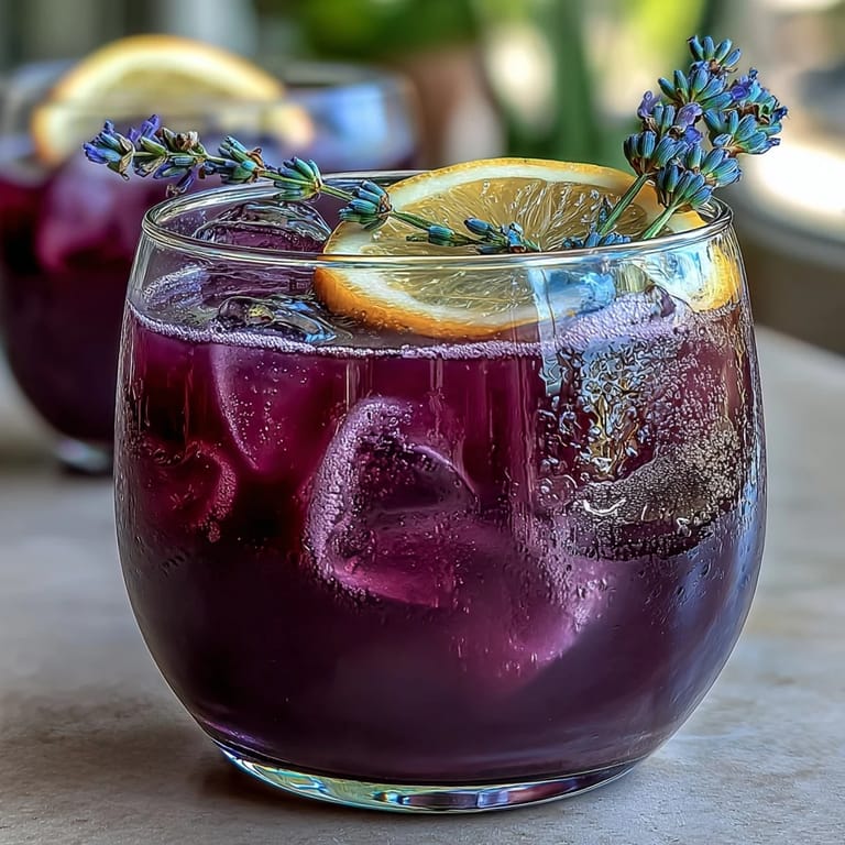 Stunning purple lavender lemonade refresher with butterfly pea flower tea, featuring a vibrant hue and fragrant floral citrus notes.