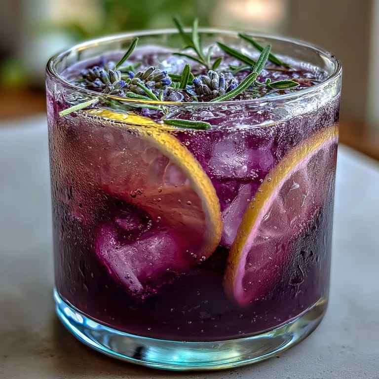 Refreshing purple lavender lemonade refresher served over ice with lemon wedges and lavender, perfect for cooling down on warm days.