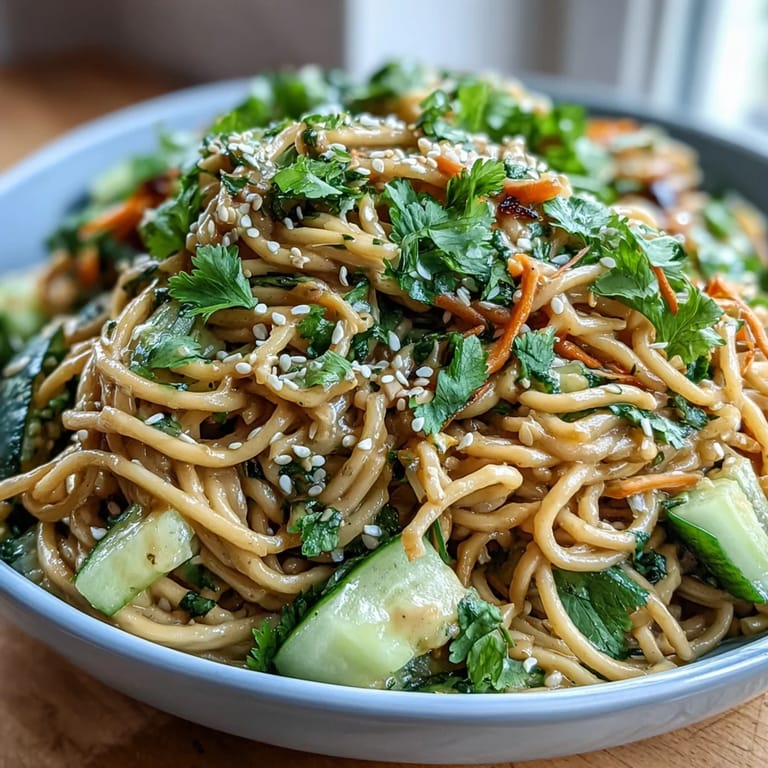 A colorful Cold Sesame Noodle Bowl with Cucumber, drizzled with savory sesame sauce and topped with julienned vegetables and toasted sesame seeds.  