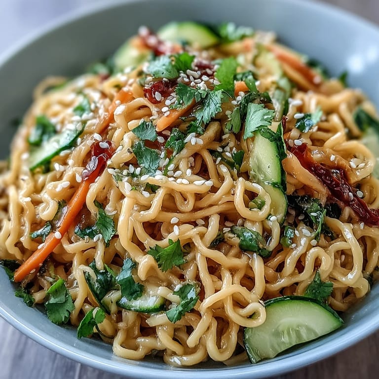 Refreshing Cold Sesame Noodle Bowl with Cucumber, served with lime wedges and a sprinkle of fresh cilantro for a zesty, cool summer meal.