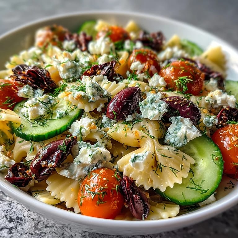 Greek-style pasta salad with ripe tomatoes, crisp cucumbers, and creamy feta, perfect for warm-weather meals.