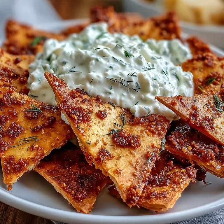 Homemade pita chips baked to golden perfection, served alongside cool, garlicky tzatziki for a refreshing appetizer.
