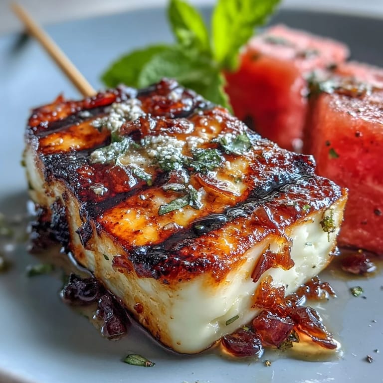 Golden grilled halloumi skewers with juicy watermelon and fresh mint, ready to serve.
