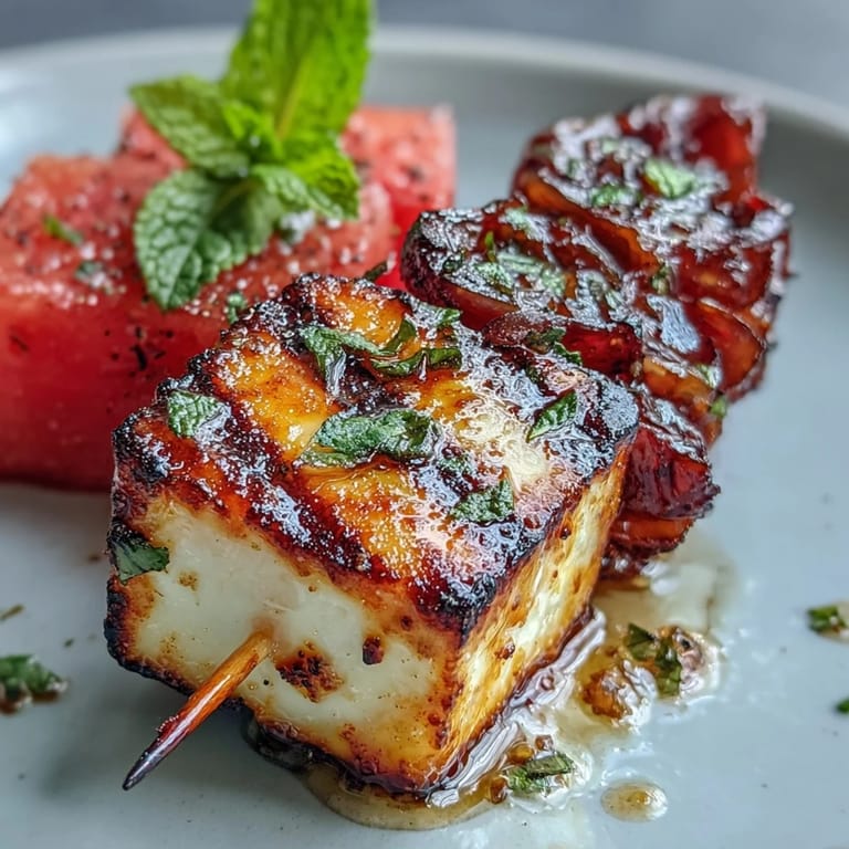 Delicious grilled halloumi skewers recipe bursting with refreshing watermelon and mint flavors.