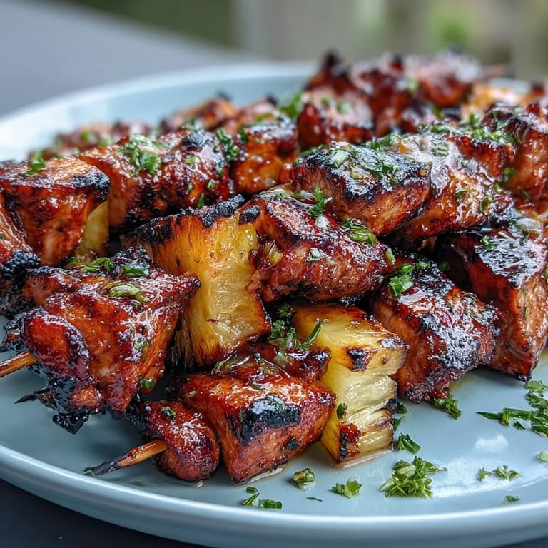 Delicious chicken al pastor skewers with sweet pineapple, grilled to smoky perfection and garnished.
