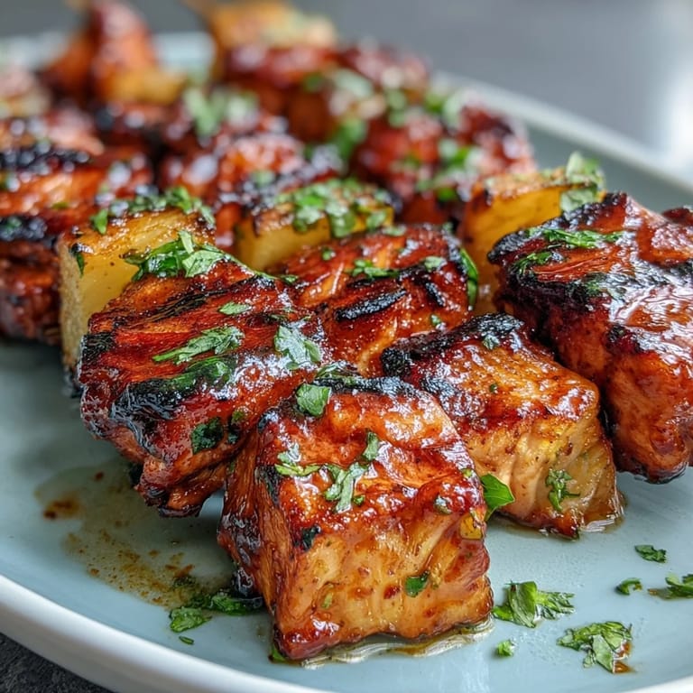 Smoky, vibrant chicken al pastor skewers with grilled pineapple, a taste of the tropics.