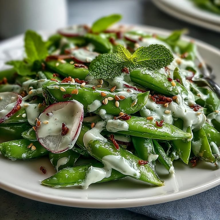 Crisp Snap Pea and Radish Spring Salad, drizzled with bright lemon tahini.