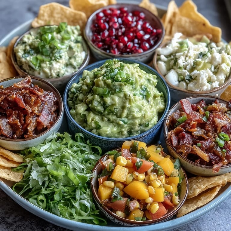 Festive guacamole bar featuring a classic dip surrounded by five delectable topping options.