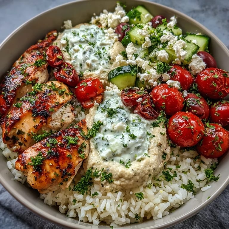 Healthy Greek Chicken Bowls: grilled chicken, rice, veggies, tzatziki, and hummus.