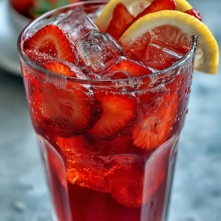 Vibrant Juneteenth Red Drink: Hibiscus Strawberry Lemonade, bursting with berry-lemon flavor.