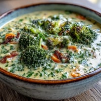 A bowl of creamy Roasted Broccoli Cheddar Soup, garnished with golden florets and fresh thyme.  