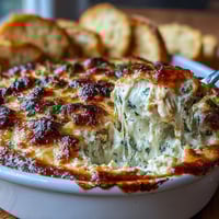 Golden, bubbly Cilantro and Lime Chicken dip topped with fresh herbs and lime wedges, served with crispy tortilla scoops.