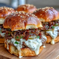Golden-brown Touchdown Brat Sliders on a wooden board, topped with melted cheddar beer cheese and caramelized onions.