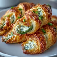 Golden-baked Jalapeño Popper Twists on a plate, with flaky puff pastry and melted cheddar and cream cheese filling.