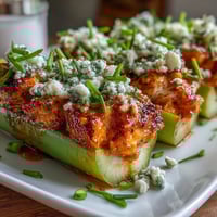Keto Buffalo Chicken Stuffed Celery Boats topped with tangy blue cheese crumble.