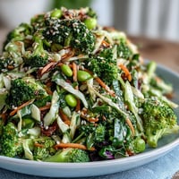 Vibrant broccoli crunch salad with fresh veggies, edamame, and sesame dressing in a colorful bowl.  