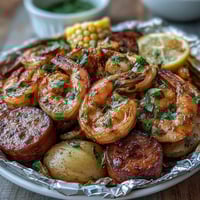 Vibrant Cajun shrimp and sausage foil packets with tender potatoes, sweet corn, and zesty lemon slices, all roasted to perfection.  