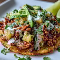 Crispy tostadas topped with juicy shredded chicken, vibrant pineapple salsa, and a creamy lime crema drizzle.