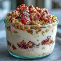 A creamy, dreamy jar of strawberry cheesecake overnight oats layered with fresh berries and a golden graham cracker crumble.