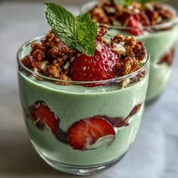 Vibrant layered parfait with creamy matcha yogurt, fresh strawberries, and crunchy granola for a healthy breakfast or snack.  