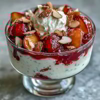 Fluffy Yogurt Peach Melba Cups with Toasted Almonds - a creamy dessert layered with ripe peaches, tangy raspberry sauce, and crunchy almonds in elegant glasses.