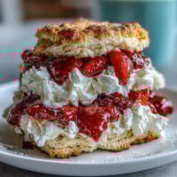 Classic strawberry shortcake with golden biscuit layers and fresh whipped cream, perfect for summer gatherings.  