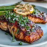 Herb roasted salmon with asparagus, fresh dill, and lemon slices, served on a baking sheet for an easy, healthy dinner.