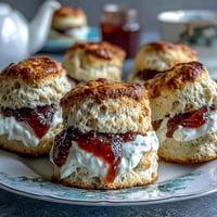 Warm, flaky scones with clotted cream and jam, perfect for a spring afternoon tea treat.  