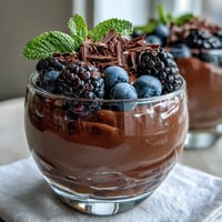 Cottage cheese chocolate mousse cups with fresh berries, a creamy and protein-rich dessert topped with juicy raspberries and blueberries.  