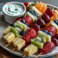 St. Patrick's Day Rainbow Fruit Kabobs with Yogurt Dip on a platter, featuring colorful fruit skewers in rainbow order with creamy honey-lime yogurt dip.