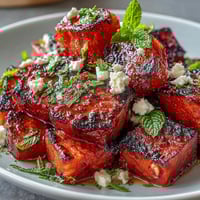 Grilled watermelon salad with feta and mint, topped with red onion and arugula, drizzled with balsamic glaze.