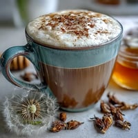 A creamy dandelion tea latte with oat milk and honey, topped with a sprinkle of cinnamon.