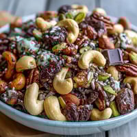 Homemade Trail Mix with Dark Chocolate features crunchy nuts, chewy dried fruits, and rich chocolate chunks in a colorful bowl.