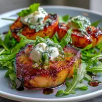 Grilled Peach and Burrata Salad with Honey: sweet, caramelized peaches paired with creamy burrata and fresh arugula.
