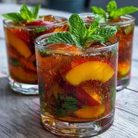 Vibrant mango peach sparkling tea with fresh fruit puree and mint garnish, served over ice cubes.