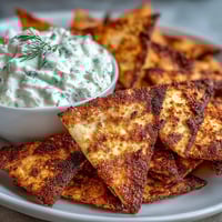 Golden, crispy homemade pita chips with creamy tzatziki dip — a fresh Mediterranean snack perfect for sharing.