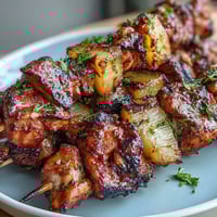 Juicy grilled chicken al pastor skewers packed with pineapple, ready for a summer BBQ spread.