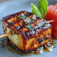 Grilled halloumi skewers with watermelon and mint, a vibrant summer appetizer.