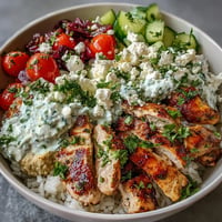 Colorful Greek Chicken Bowls bursting with fresh tzatziki and creamy hummus.