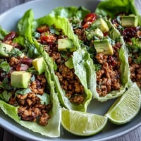 Juicy Turkey Taco Lettuce Wraps piled high with fresh toppings and ready to eat.